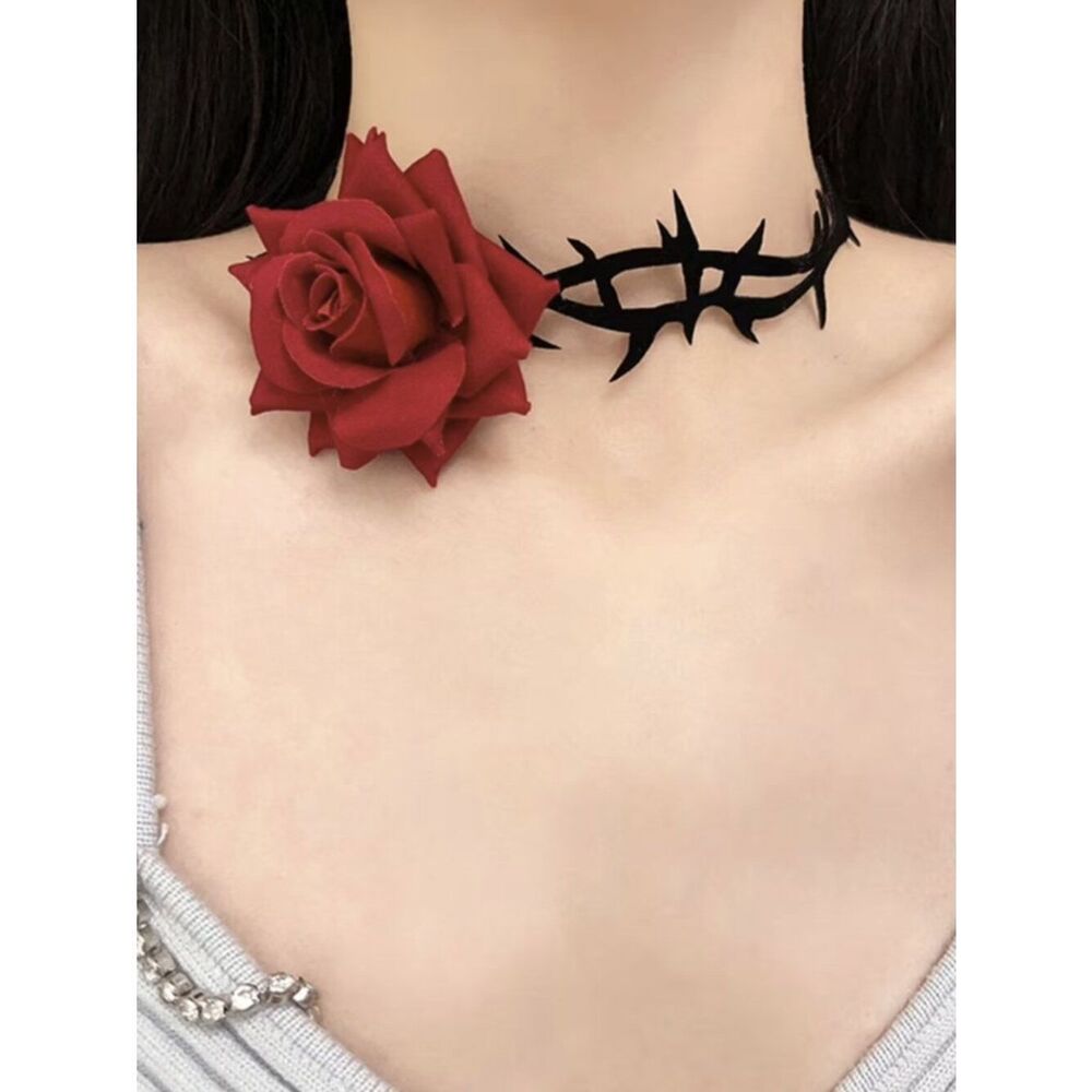 NWT Gothic Red Rose Black Thorn Choker Necklace Vampire Whimsigoth Cosplay Punk